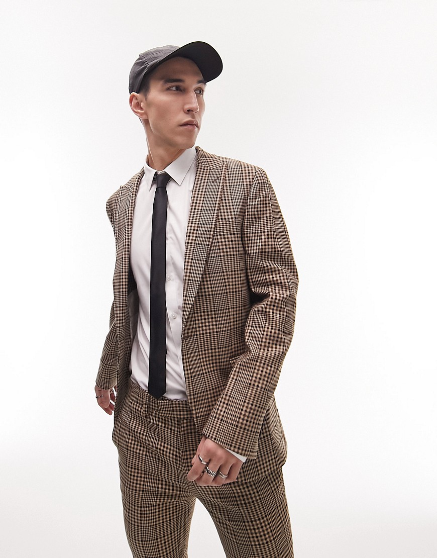 Topman super skinny one button neutral checked wedding suit jacket in brown
