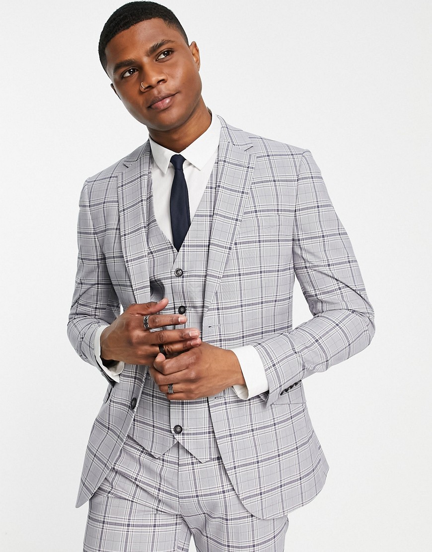 Topman Super Skinny Single Breasted Suit Jacket In Gray Check