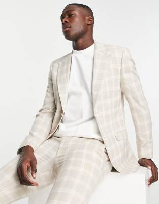 Topman super skinny single breasted suit jacket in stone check - ASOS Price Checker