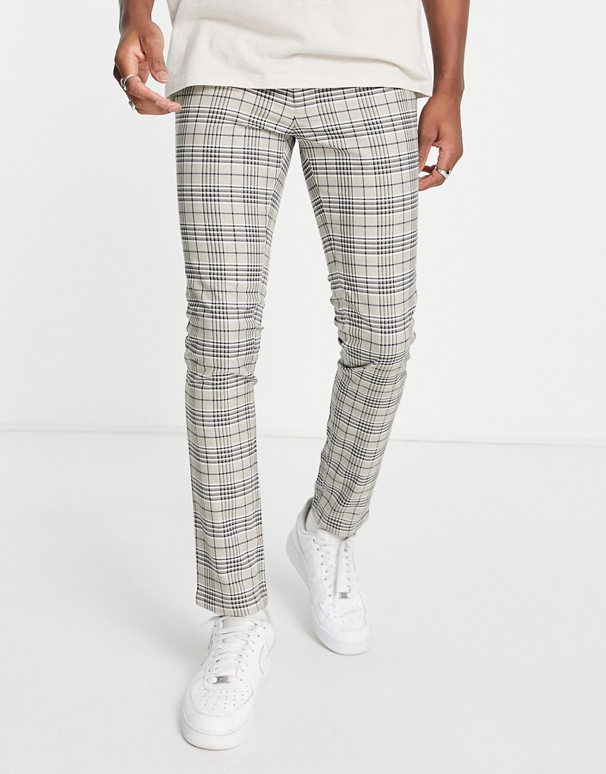 Topman Super Skinny Smart Trousers In Stone Check-Neutral
