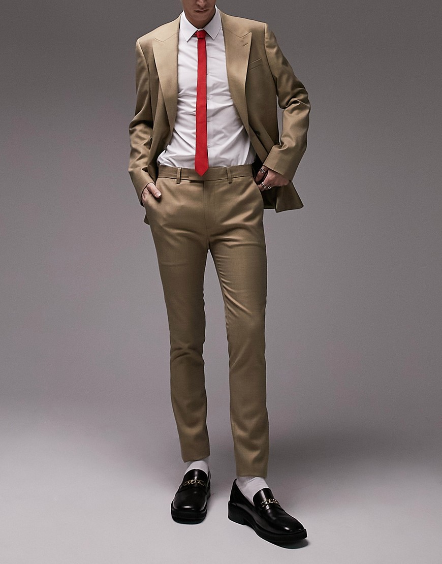 Topman Super Skinny Warmhandle Herringbone Suit Pants In Brown In Green