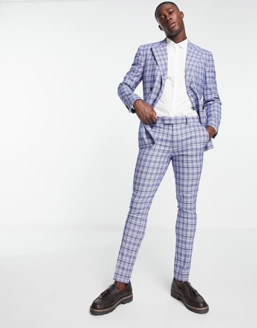 Men's Light Grey Blue Check Skinny Suit Trousers