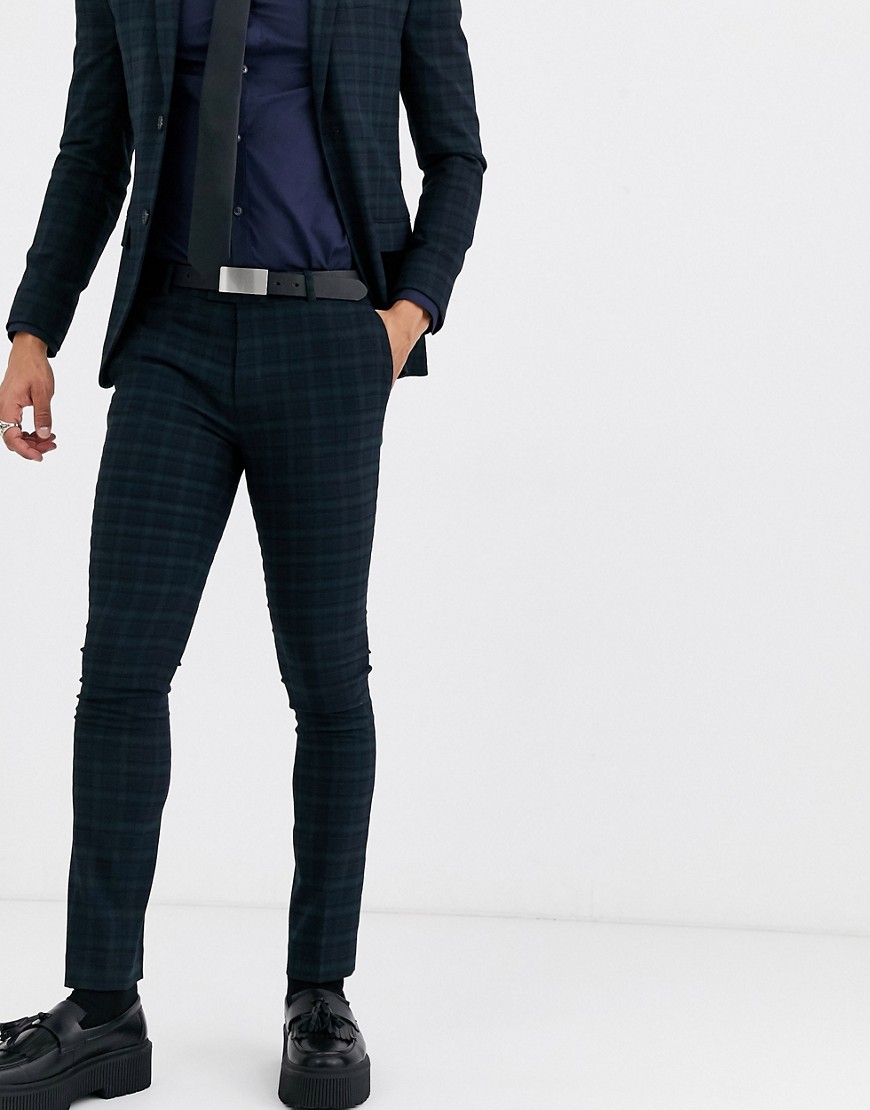 Topman super skinny suit trousers in navy check-Green