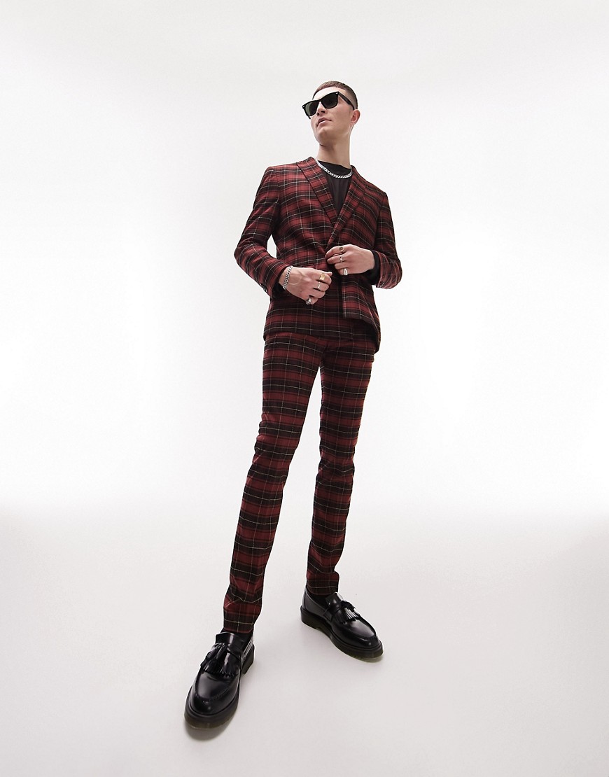 Topman super skinny tartan checked suit trousers in red