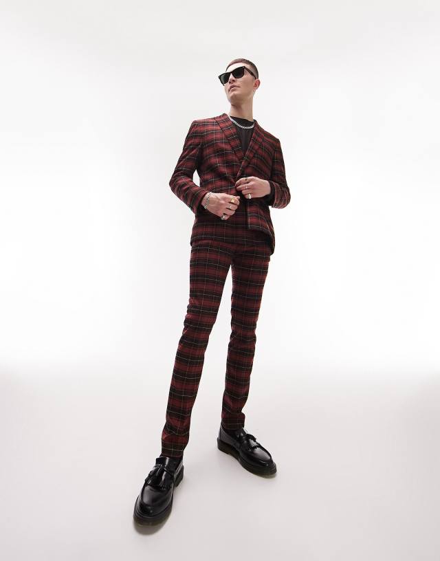 Topman - super skinny tartan checked suit trousers in red