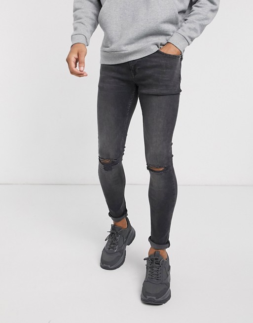 Topman super spray on jeans with rips in washed grey