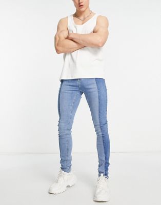 Topman super spray on panelled jeans in mid wash-Blue