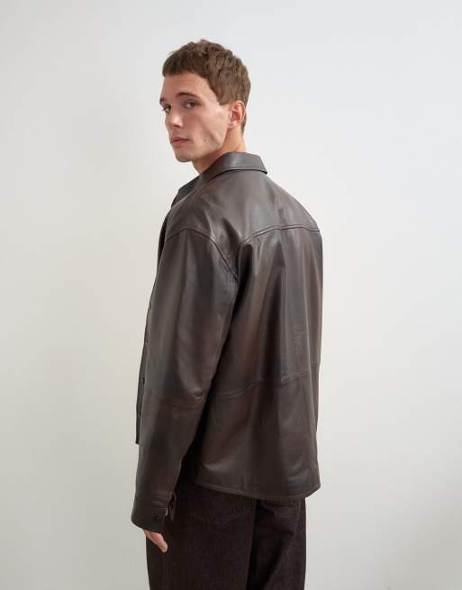 Topman surchemise coupe décontractée en cuir véritable marron chocolat, 2 de 5