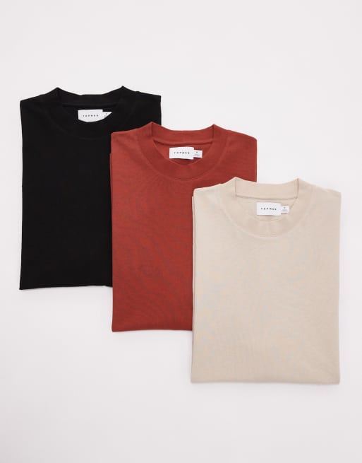 Topman – Svart, beige och vinröd t-shirt i oversize, 3-pack