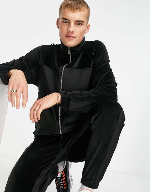 Topman – Svart, blockfärgad och fodrad sweatshirt i velour med dragkedja, del av set