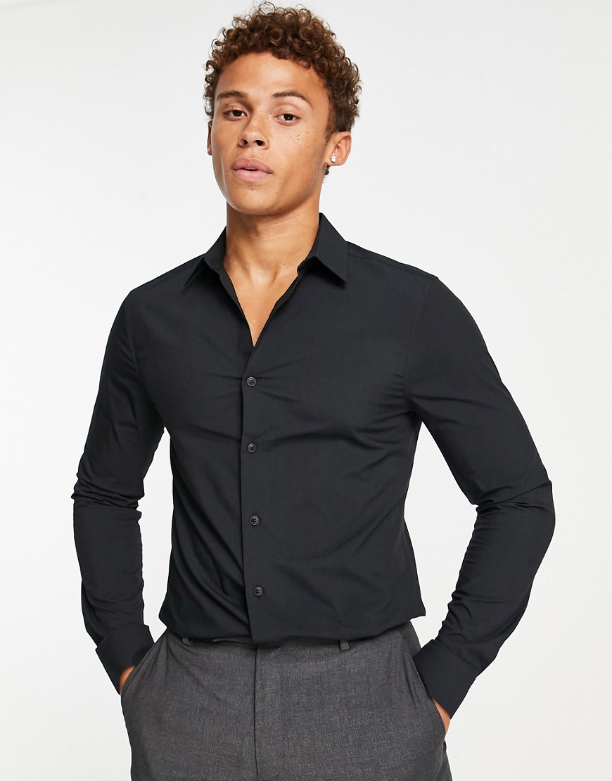 topman - svart elastisk finskjorta med extra smal passform-svart/a