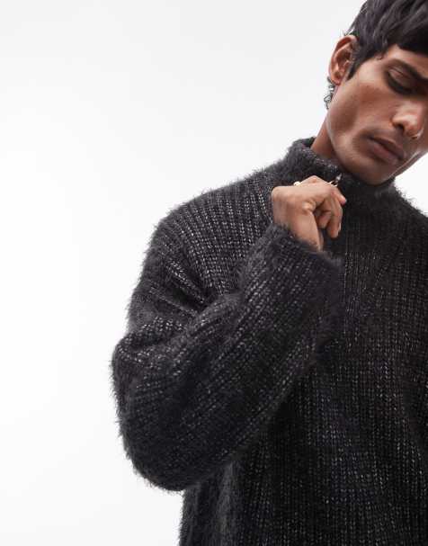 Topman – Svart, fluffigt stickad tröja med 1/4-lång dragkedja - view 1