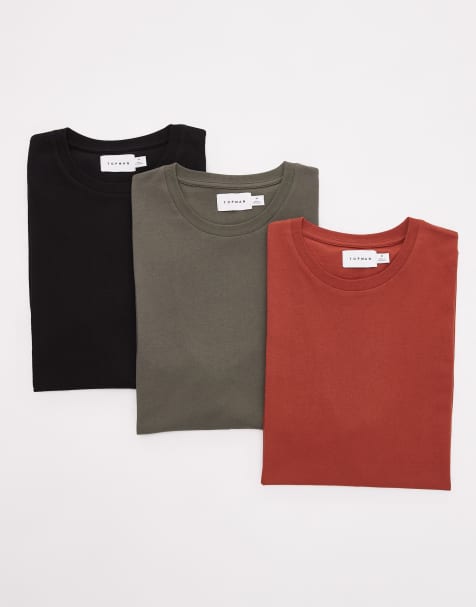 Topman – Svart, kakigrön och vinröd t-shirt i classic fit, 3-pack - view 1