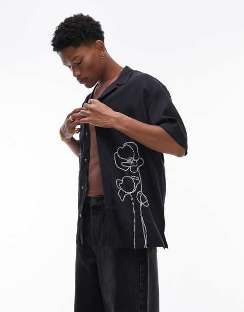 Topman – Svart, kortärmad skjorta med platt krage och broderade blommor framtill - view 1