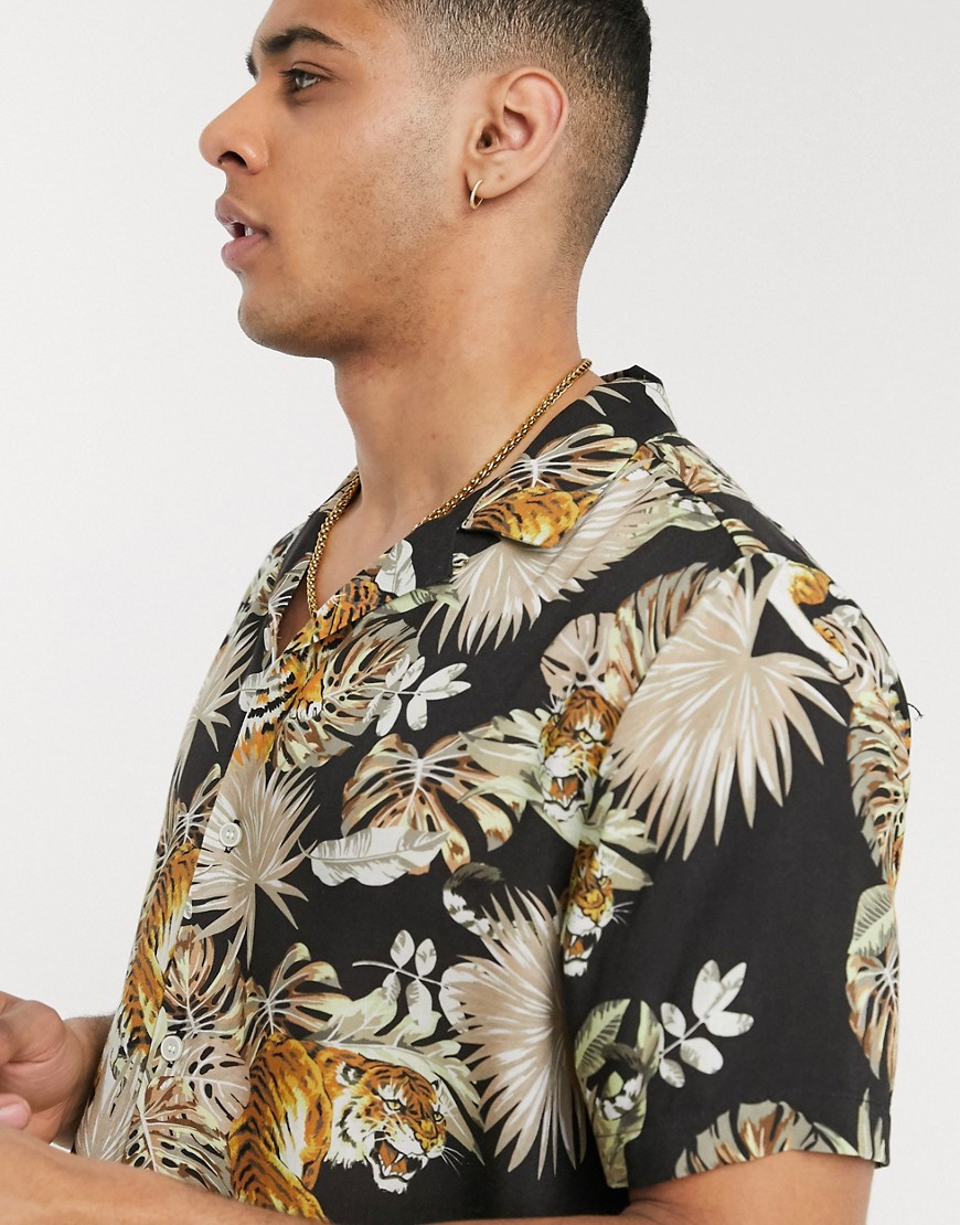 Topman – Svart kortärmad skjorta med platt krage och tigermönster-Flerfärgad