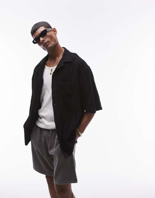 Topman – Svart, oversize, broderad skjorta i jersey med knappar