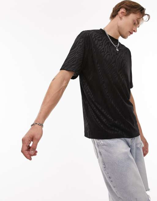 Topman – Svart, oversize, djurmönstrad t-shirt i mesh