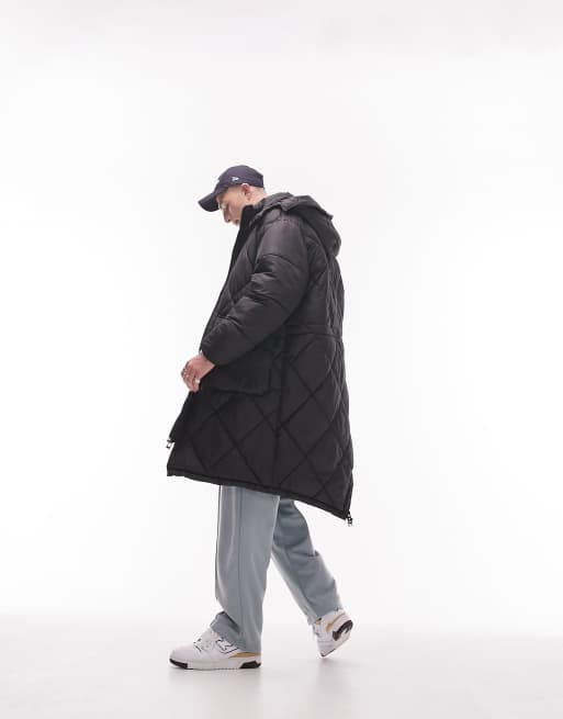 Topman – Svart quiltad parkas i oversize med avtagbar huva