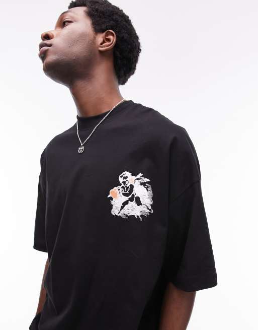 Topman – Svart t-shirt i extra oversize med Cupid Amore-tryck baktill och framtill, 4 av 4