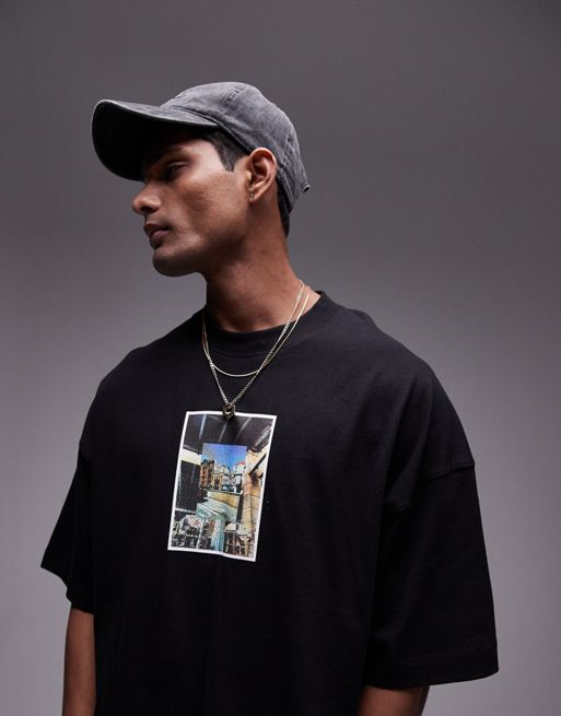 Topman – Svart t-shirt i extra oversize med 'New York'-fototryck