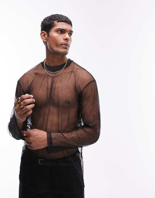 Topman – Svart t-shirt i oversize med långa ärmar av mesh