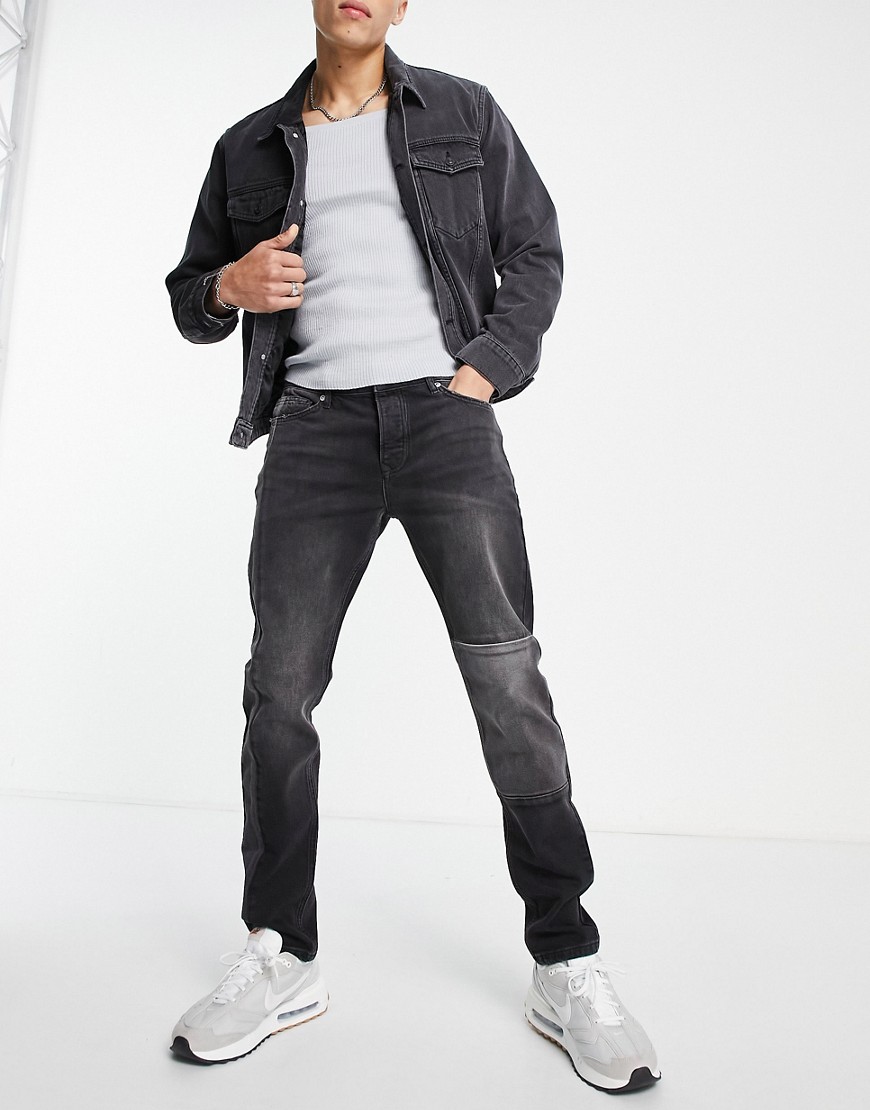 topman - svarta, panelsydda skinny jeans med stretch och tvättad finish-svart/a