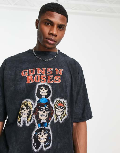 Topman – Svarttvättad t-shirt i oversize med Guns N' Roses-tryck