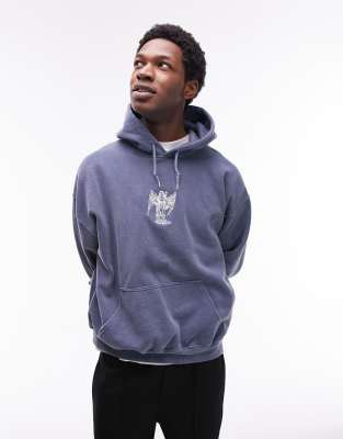 Topman - Sweat à capuche oversize avec broderie ange - Bleu délavé