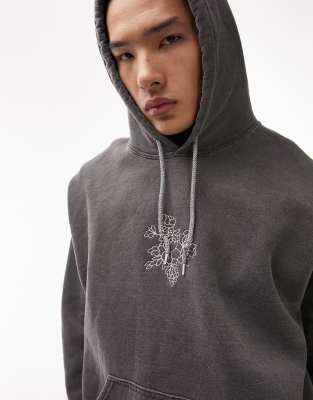 Topman oversized fit hoodie with floral embroidery in washed black - ASOS Price Checker