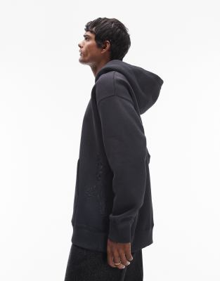 Topman - Sweat à capuche oversize avec broderie florale - Noir délavé