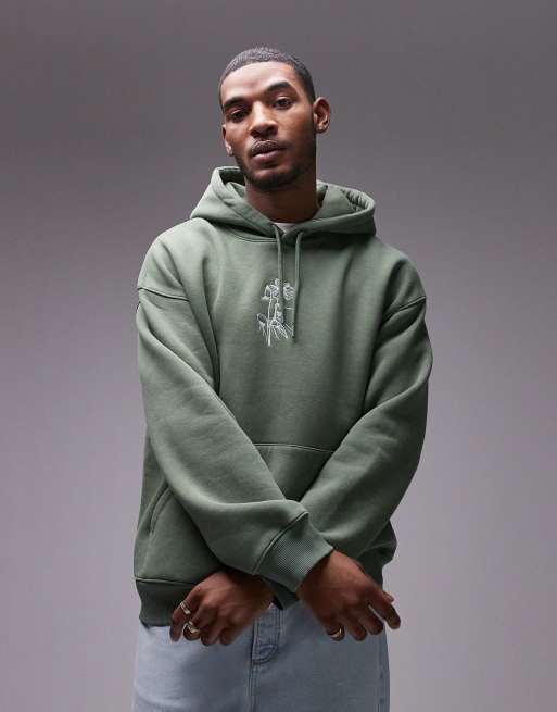 Topman - Sweat à capuche oversize avec broderie florale - Vert délavé