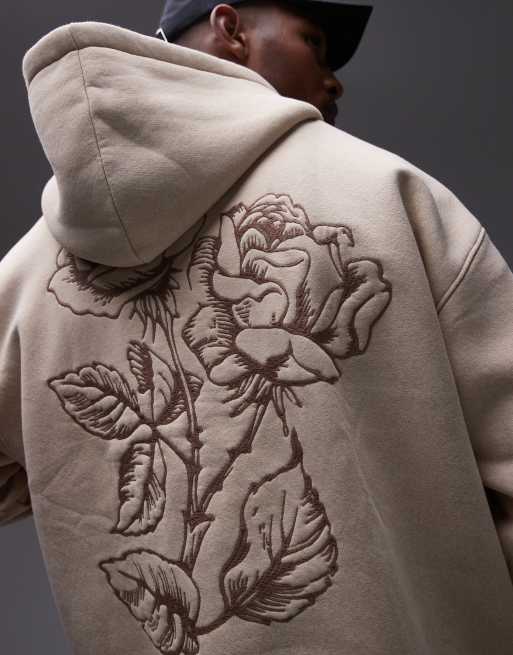Topman - Sweat à capuche oversize avec broderies roses à l'avant et au dos - Taupe, 3 de 4