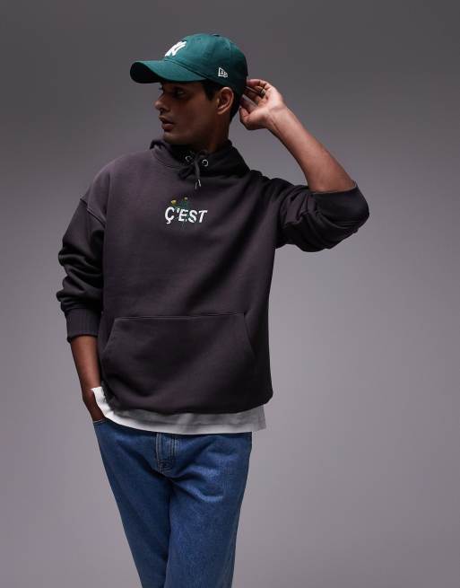 Topman - Sweat à capuche oversize avec imprimé fleurs sur le devant et au dos - Anthracite, 2 de 4