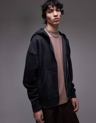 Topman - Sweat à capuche oversize épais de qualité supérieure à fermeture éclair - Noir délavé - view 1