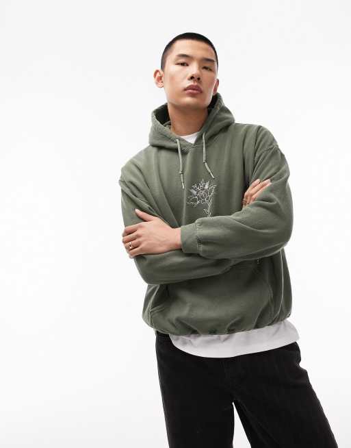 Topman - Sweat à capuche oversize motif tatouage rose - Vert délavé