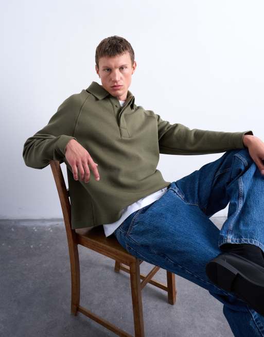 Topman - Sweat coupe carrée en imitation néoprène avec col polo - Kaki, 3 de 5