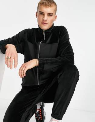 Topman - Sweat d'ensemble zippé en velours effet color block avec col cheminée - Noir