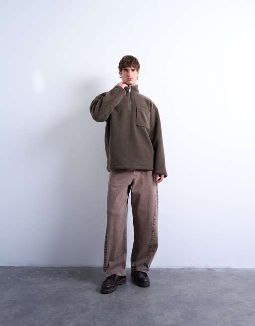 Topman - Sweat en imitation peau de mouton à col zippé - Marron foncé, 2 de 5