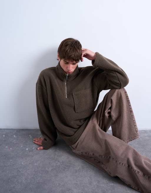 Topman - Sweat en imitation peau de mouton à col zippé - Marron foncé, 4 de 5