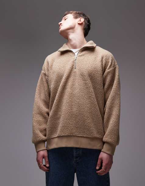 Topman - Sweat en imitation peau de mouton avec col zippé - Taupe - view 1