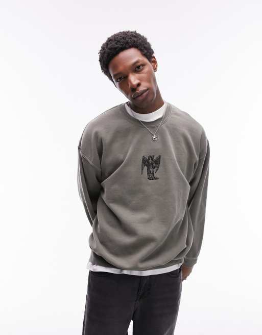 Topman - Sweat oversize à broderie ange - Vert délavé