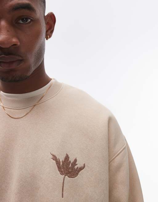 Topman - Sweat oversize à broderie fleur - Taupe, 4 de 4