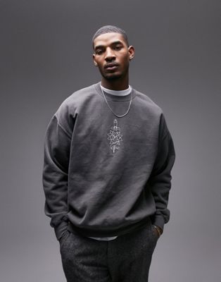 Topman oversized fit sweatshirt with rose dagger embroidery in washed black - ASOS Price Checker