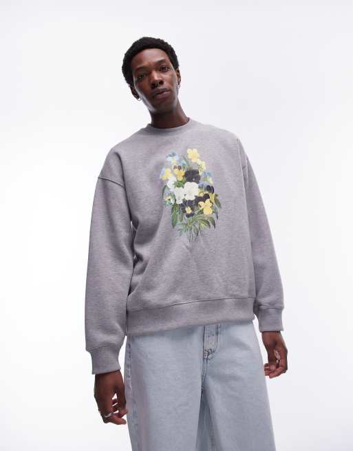 Topman - Sweat oversize à imprimé fleurs brodées - Gris chiné