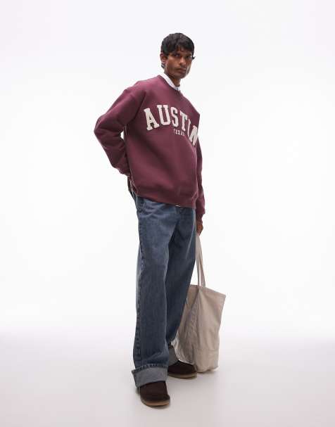 Topman - Sweat oversize avec broderie Austin en maille chenille - Bordeaux - view 1