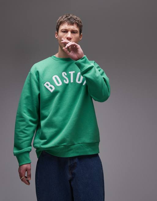 Topman - Sweat oversize avec broderie Boston en maille chenille - Vert