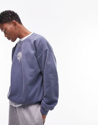 Topman oversized sweat with cupid embroidery in washed blue - ASOS Price Checker