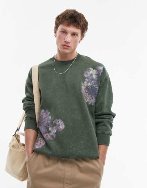 Topman - Sweat oversize avec imprimé à l'avant et motif au dos - Vert délavé - view 1