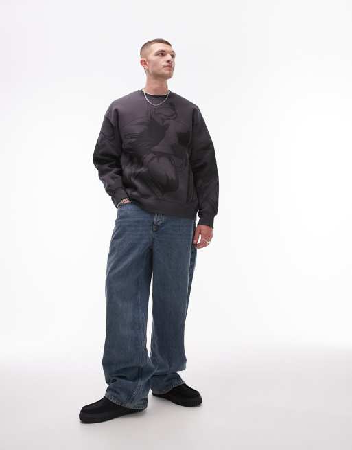 Topman - Sweat oversize avec imprimé fleuri sur l'ensemble - Anthracite
