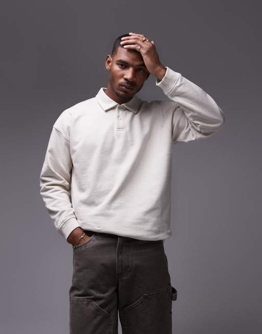 Topman - Sweat oversize en lin mélangé à manches longues et col polo - Écru